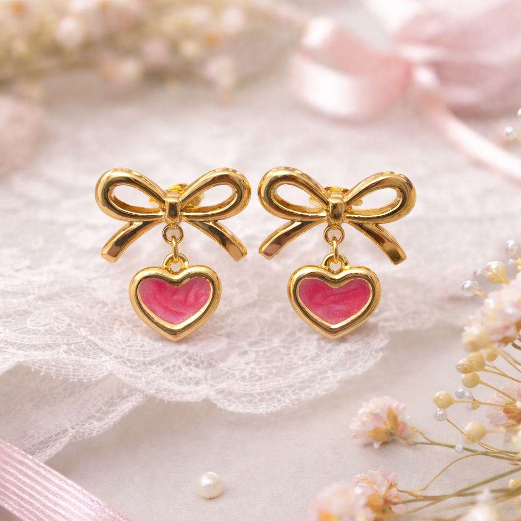 Blush Bow Heart Earrings
